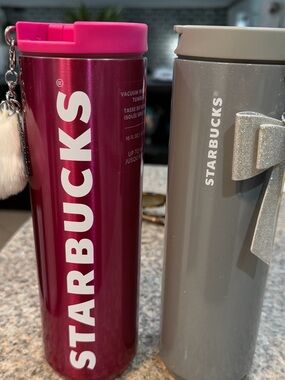 Starbucks Tall Pink and Gray Travel Tumblers - Set of 2